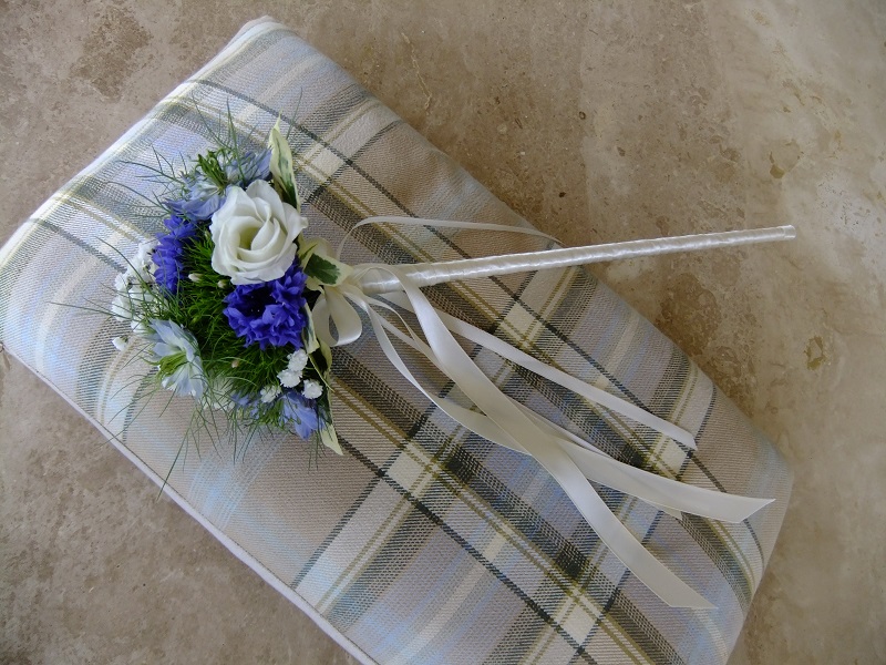 Flower Girl Wand in blue and white bound with white satin.